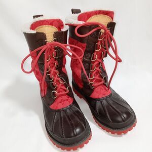 Coach Women's Laura Boots Size 6B Red And Brown Logo Sherpa Lined Lace Up